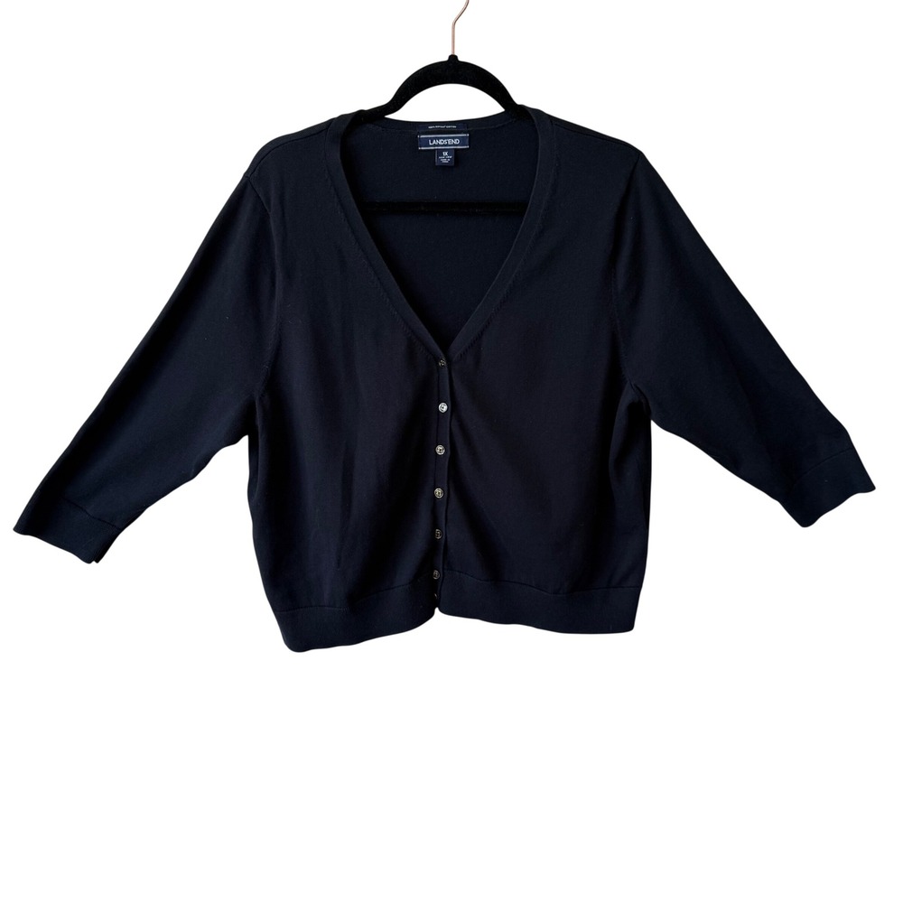 Lands' End Cotton Cardigan 1X Black V-Neck 3/4 Sleeve Button Front Dark Acadamia